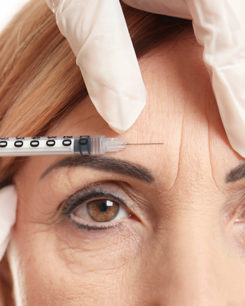 Une femme est injectée de botox pour la ride du lion.