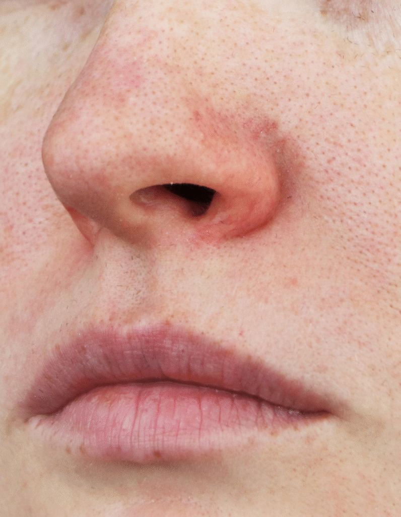 Zoom sur la zone nasale montrant une peau sensible avec début de couperose autour du nez