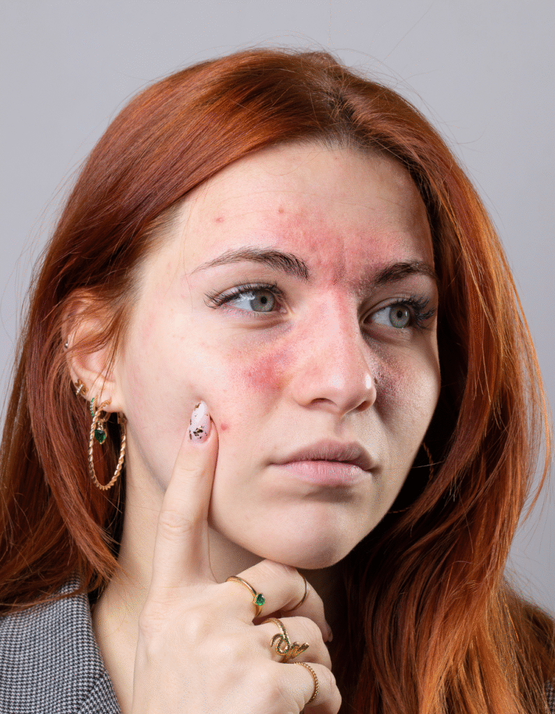 Jeune femme avec des rougeurs marquées et des boutons liés à la couperose et à une peau réactive