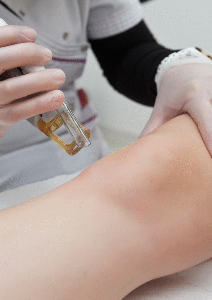 Épilation laser de la jambe réalisée par une praticienne en institut, avec un appareil de précision appliqué sur la peau.