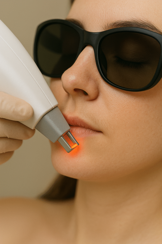 Femme recevant une épilation laser de la lèvre supérieure dans un centre médical esthétique, portant des lunettes de protection pendant le traitement.