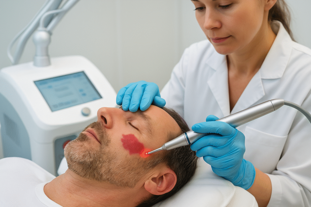 Photo réaliste d’un traitement de l’angiome par laser vasculaire chez un adulte dans un cadre clinique, méthode dermatologique sécurisée.
