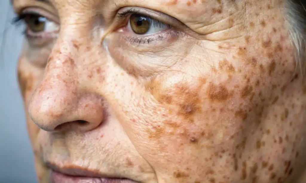 Multiples taches brunes de lentigo sénile visibles sur la joue et autour des yeux d’une femme âgée