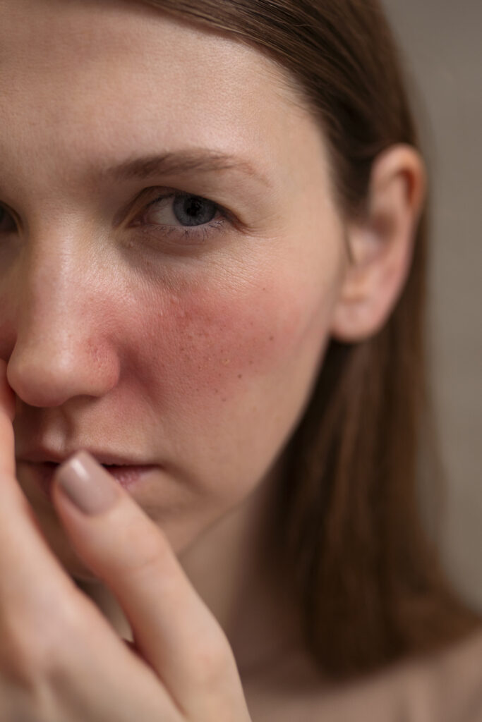 Femme touchant sa joue avec érythrose visible, signe de rosacée nécessitant un traitement dermatologique adapté