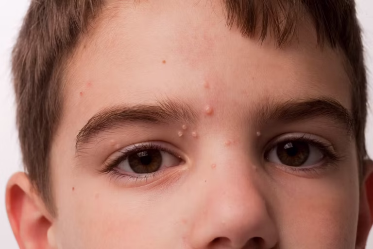 Petites lésions arrondies de molluscum contagiosum regroupées sur la peau