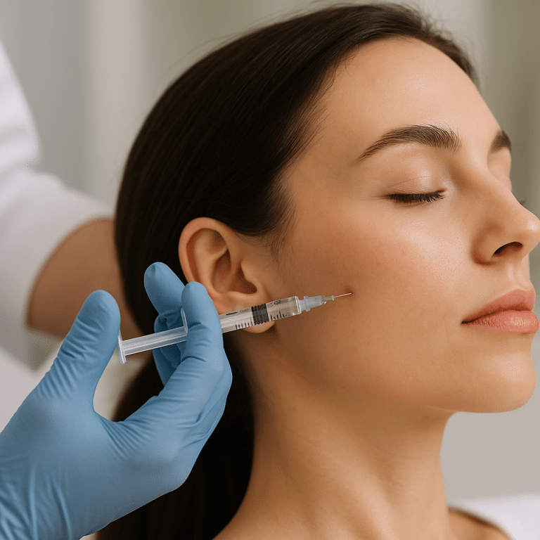 Injection de botox dans le muscle masséter par un médecin esthétique, traitement pour affiner la mâchoire et réduire le bruxisme.
