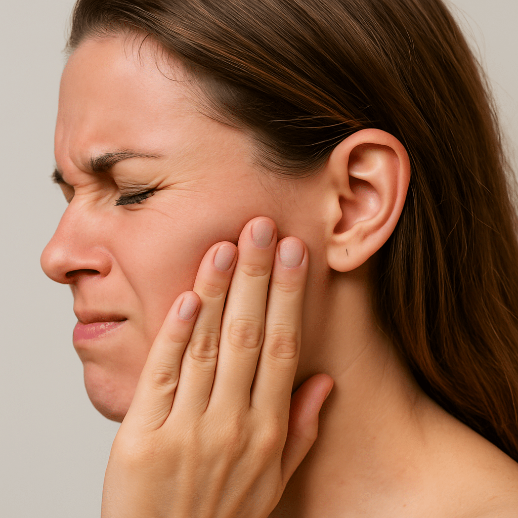 Femme ressentant une douleur à la mâchoire liée au bruxisme