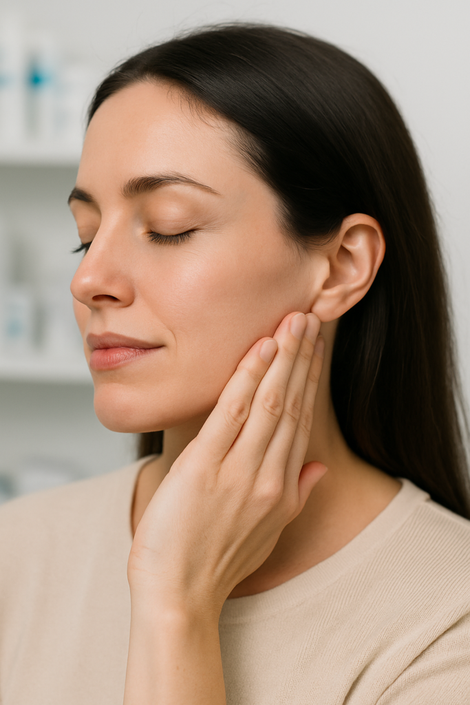 Femme ressentant un soulagement des tensions au niveau du muscle masséter