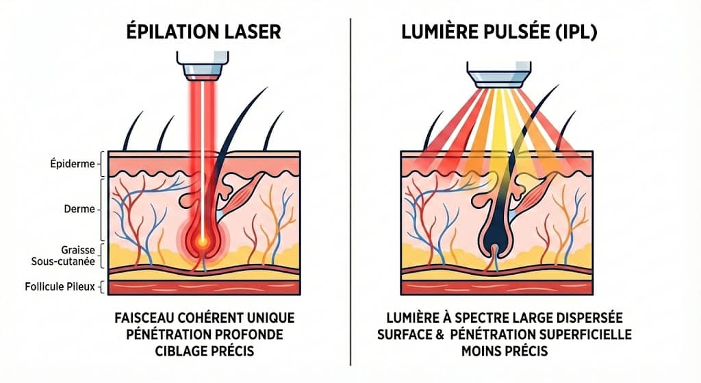 Schéma comparatif montrant la différence entre un laser médical à longueur d’onde unique et une lumière pulsée (IPL) à spectre large pour l’épilation