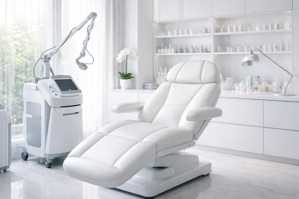 Cabinet médical esthétique moderne à Paris avec équipements professionnels et fauteuil de traitement haut de gamme
