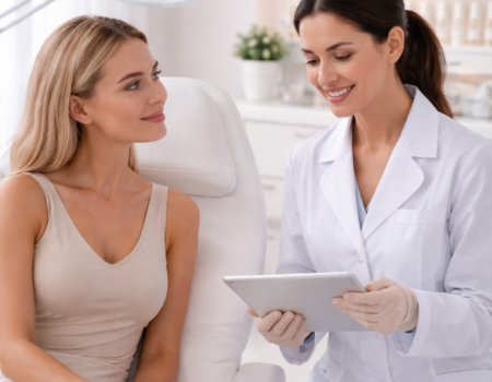 Consultation en centre médical esthétique à Paris avec médecin et patiente dans un cadre médical haut de gamme