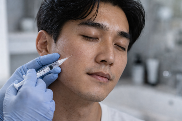 injection acide hyaluronique homme asiatique visage medecin securite traitement esthetique