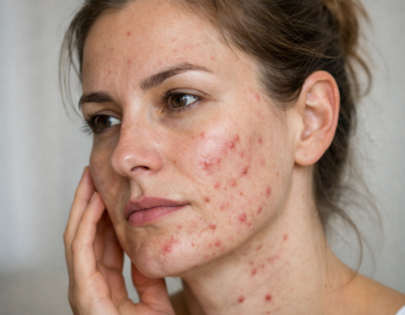 Acné adulte chez une femme de 30 ans avec lésions inflammatoires du visage