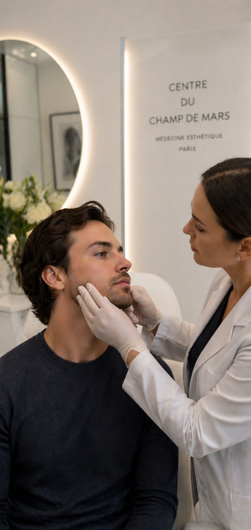 Médecin esthétique examinant le muscle masséter d’un patient lors d’une consultation Botox mâchoire à Paris.