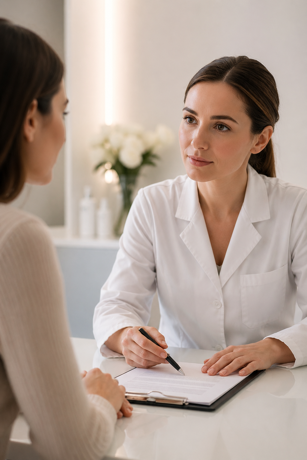 Médecin esthétique en consultation avec une patiente lors d’un consentement éclairé avant traitement de médecine esthétique à Paris.