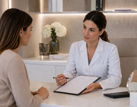 Médecin esthétique informant une patiente lors d’une consultation de consentement éclairé avant traitement médical esthétique à Paris.
