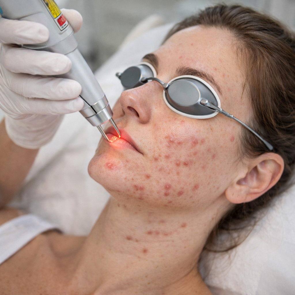 Traitement laser de l’acné adulte sur le visage chez une femme