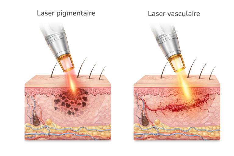 Schéma laser pigmentaire et vasculaire montrant la différence d’action sur la mélanine et les vaisseaux
