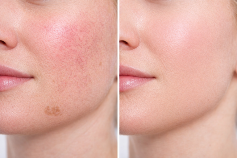 Avant après traitement laser vasculaire et pigmentaire du visage avec diminution des rougeurs et taches