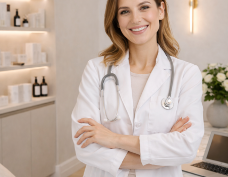 Médecin esthétique femme souriante dans un cabinet médical à Paris