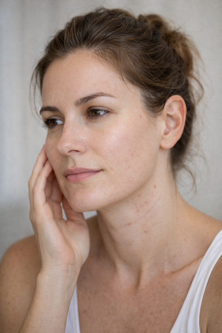 Peau améliorée après traitement de l’acné adulte chez une femme