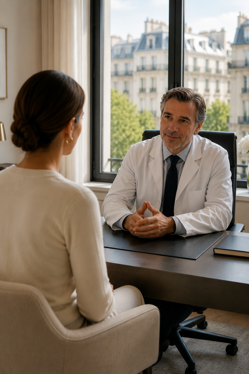 Médecin en consultation avec une patiente pour un traitement de l’hyperhidrose par Botox à Paris.