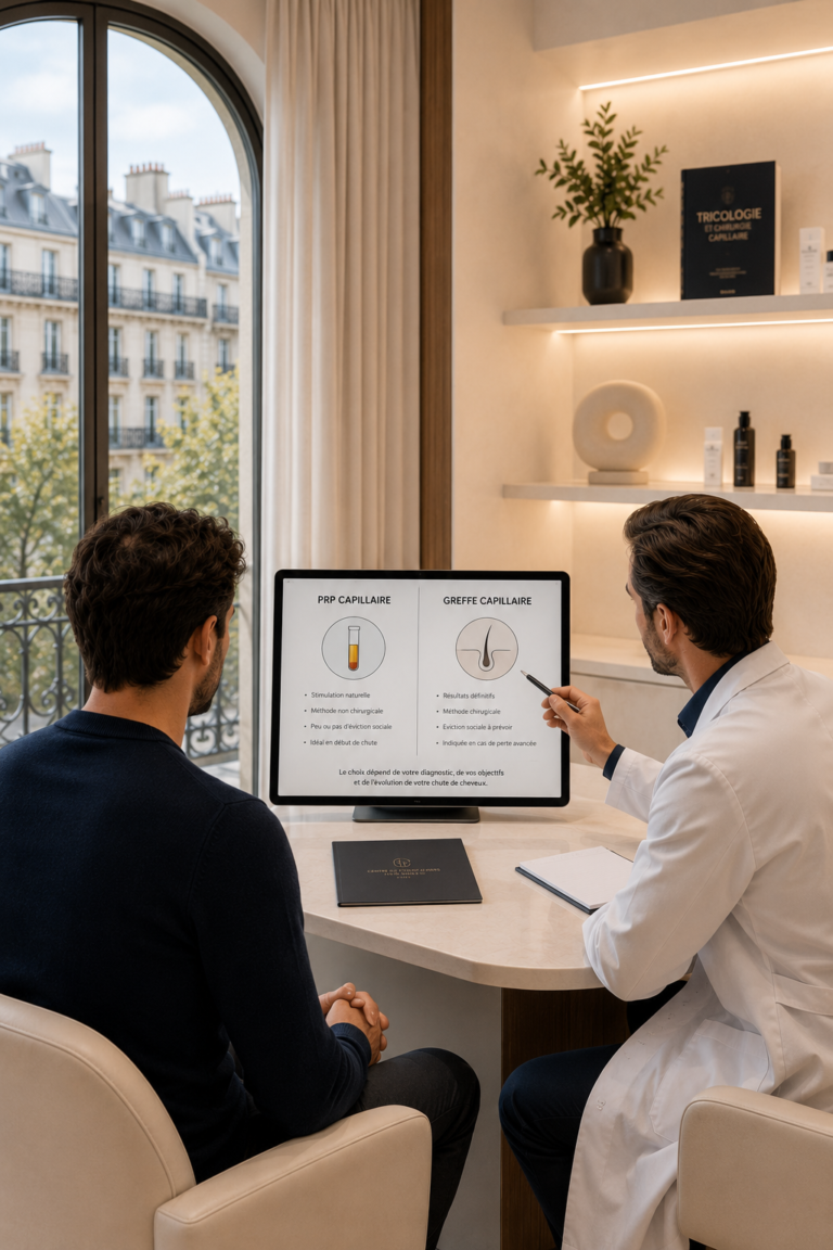 Patient en consultation médicale spécialisée pour déterminer la meilleure solution capillaire entre PRP, greffe ou traitement personnalisé dans un centre premium à Paris.