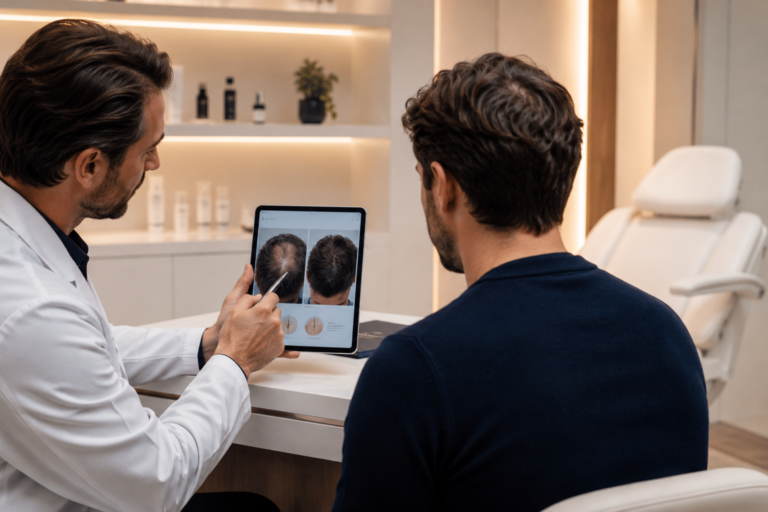 Médecin spécialiste en consultation capillaire présentant les options PRP cheveux et greffe capillaire à un patient dans un centre médical esthétique à Paris.