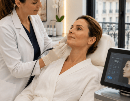 Médecin réalisant une séance d’Endolift sur une patiente dans un cabinet de médecine esthétique à Paris.