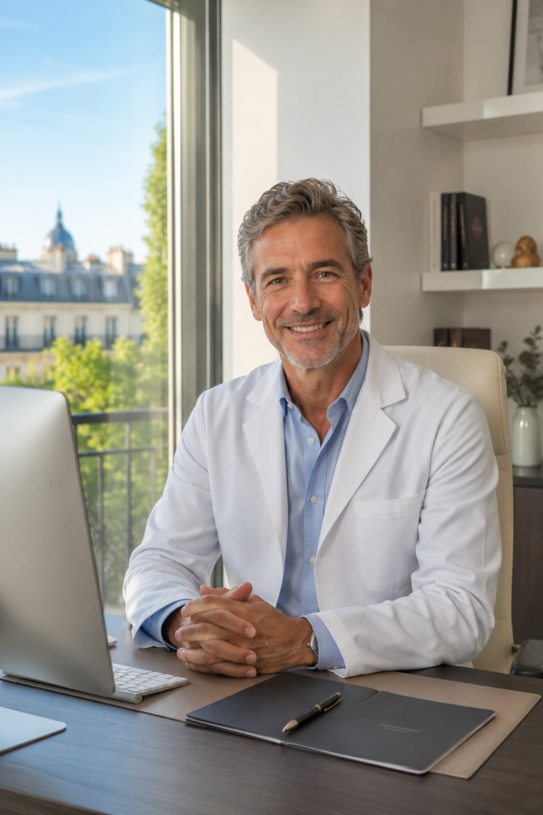 Médecin esthétique souriant dans son cabinet à Paris avant une consultation pour un traitement Endolift du visage.