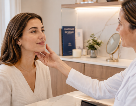 Médecin réalisant une analyse du visage d'une patiente lors d'une consultation de Baby Botox à Paris avant des injections de toxine botulique pour un résultat naturel.