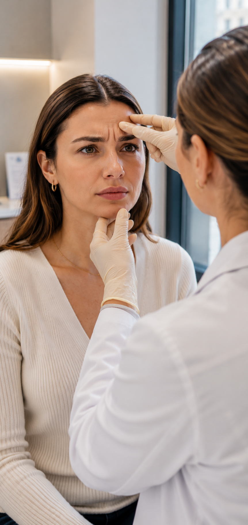 Médecin examinant les rides du front et la ride du lion d'une patiente lors d'une consultation de Baby Botox à Paris afin de personnaliser les injections de toxine botulique.
