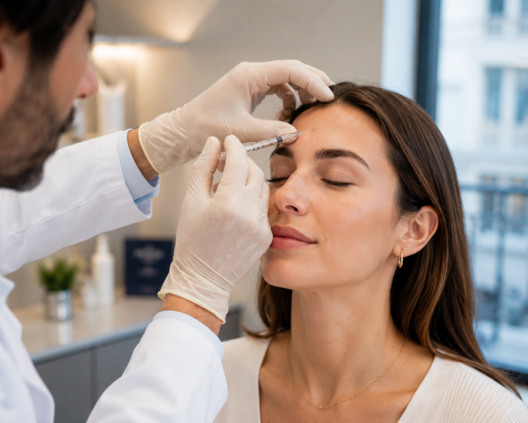 Médecin réalisant une injection de Baby Botox sur le front d'une patiente à Paris avec une fine aiguille, dans le cadre d'un traitement médical de toxine botulique pour les rides d'expression.