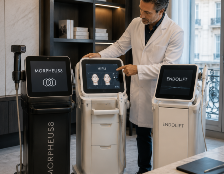 Médecin esthétique comparant les technologies Morpheus8, HIFU et Endolift dans un cabinet médical à Paris pour traiter le relâchement du visage. Petit conseil SEO : pour Google Images, je préfère ici "comparatif-morpheus8-hifu-endolift-paris.jpg" plutôt que quelque chose de plus générique. C'est exactement la requête que l'article cible et cela renforce la cohérence sémantique de la page.