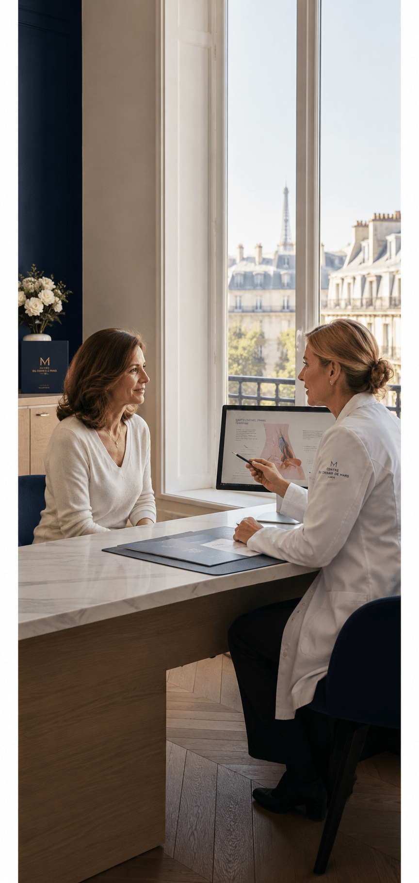 Médecin en consultation avec une patiente pour un diagnostic de sécheresse vaginale, relâchement intime et dyspareunie à Paris.