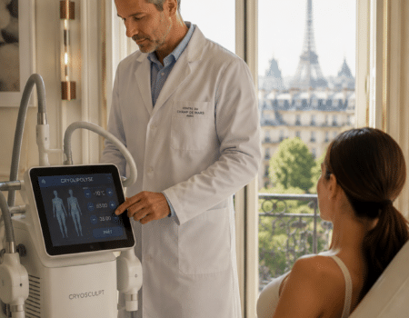 Médecin esthétique réglant une machine de cryolipolyse devant une patiente dans un cabinet médical haut de gamme à Paris avec vue sur la Tour Eiffel. Petit bémol SEO : sur l'image générée, on voit une marque de machine et un écran avec du texte généré par l'IA. Pour un hero principal de page, je préférerais encore un visuel où le médecin est derrière son bureau en train d'expliquer la cryolipolyse à une patiente, car il vieillit mieux dans le temps et évite tout problème de marque concurrente visible. Ce visuel-ci, je le placerais plutôt après l'introduction ou dans la partie « Comment se déroule une séance de cryolipolyse ? ».