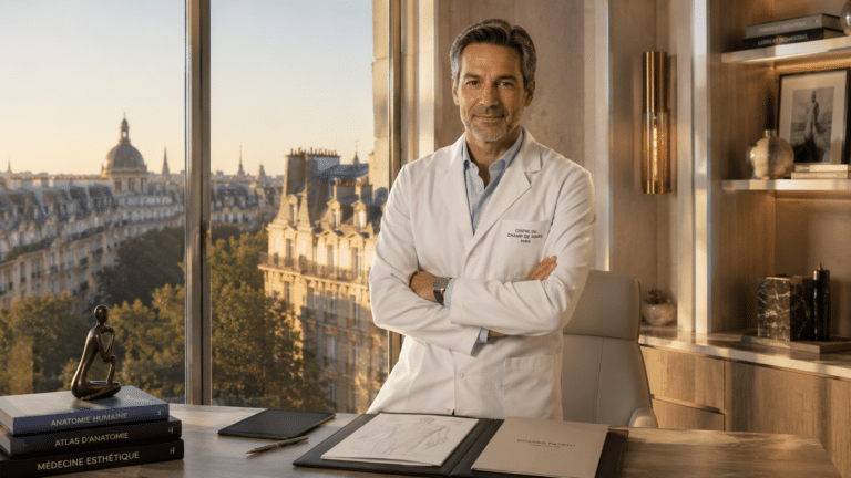 Médecin esthétique expérimenté dans un cabinet médical haut de gamme à Paris réalisant une consultation et un diagnostic avant une cryolipolyse.