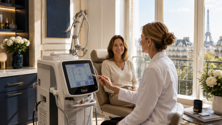 Médecin présentant la plateforme de laser gynécologique Fotona® utilisant la technologie Er:YAG à une patiente lors d'une consultation médicale à Paris.