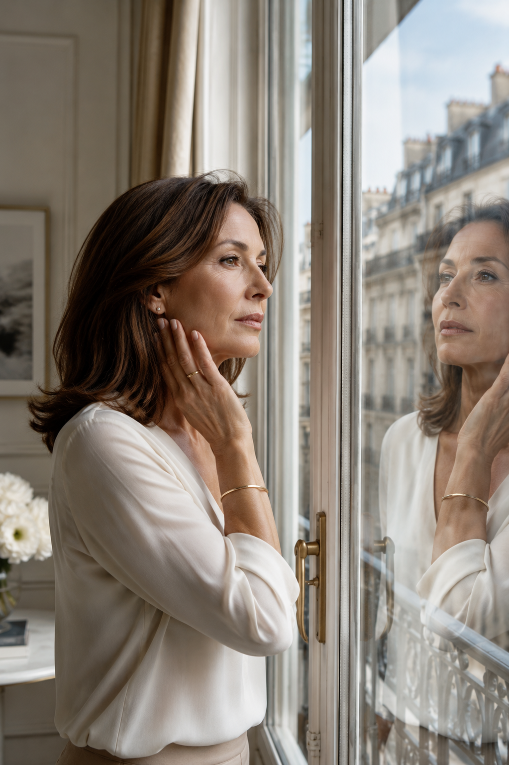 Femme de 55 ans observant son visage devant une fenêtre lumineuse pour évaluer un relâchement cutané avant un traitement esthétique.