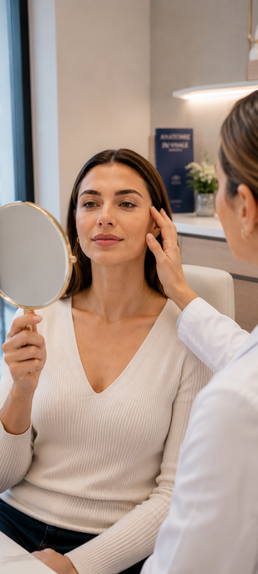 Patiente observant le résultat naturel d'un traitement de Baby Botox à Paris lors d'une consultation de suivi avec un médecin spécialisé en médecine esthétique.