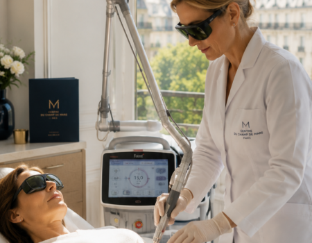 Médecin réalisant un traitement par laser gynécologique Fotona® utilisant la technologie Er:YAG pour la sécheresse vaginale et le relâchement intime.