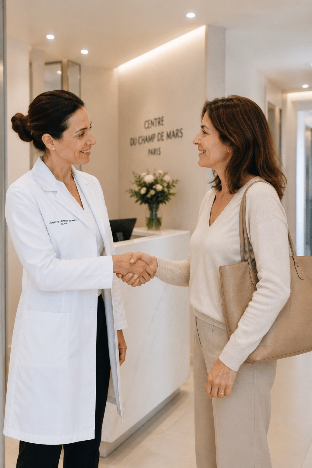 Médecin accompagnant une patiente à l'issue d'une consultation de dermatologie esthétique pour le traitement d'une verrue, d'un grain de milium ou d'un angiome à Paris.