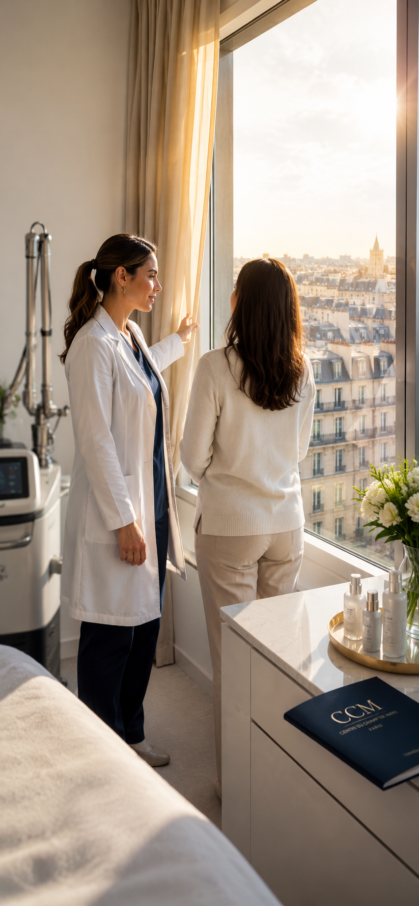 Médecin échangeant avec une patiente lors d'une consultation de médecine esthétique dans un cabinet médical à Paris avant la mise en place d'un traitement personnalisé.