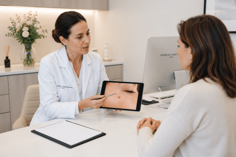 Médecin expliquant le diagnostic et les options de traitement d'une verrue, d'un grain de milium ou d'un angiome lors d'une consultation médicale à Paris.