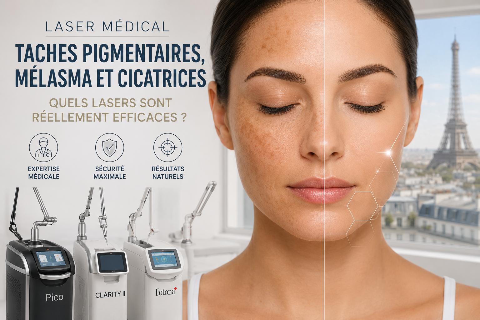 Patiente présentant une amélioration de taches pigmentaires après un traitement par laser médical à Paris, illustrant les indications des lasers Pico, Clarity II et Fotona pour les taches pigmentaires, le mélasma et certaines cicatrices.