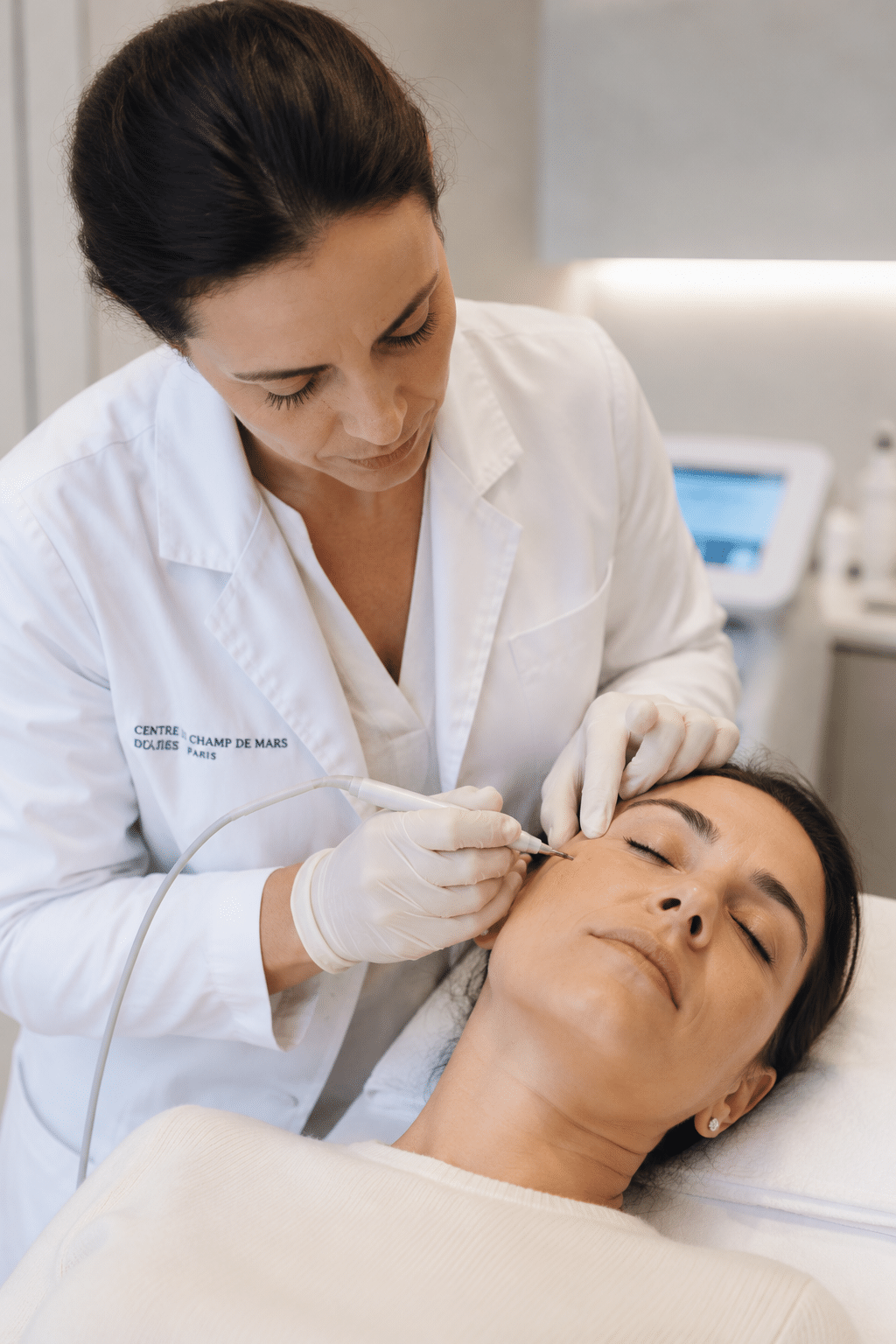 Médecin réalisant le traitement d'une verrue, d'un grain de milium ou d'un angiome lors d'une séance de dermatologie esthétique à Paris.