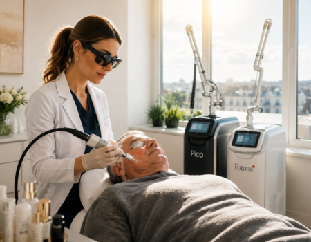 Médecin réalisant un traitement laser du visage chez un patient dans un cabinet de médecine esthétique à Paris pour la prise en charge des taches pigmentaires et du photovieillissement.