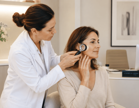 Consultation médicale pour l'évaluation d'une verrue, d'un grain de milium ou d'un angiome avant un traitement en dermatologie esthétique à Paris.