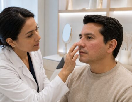 Médecin femme examinant les rougeurs du visage d’un patient avant un éventuel laser rosacée à Paris