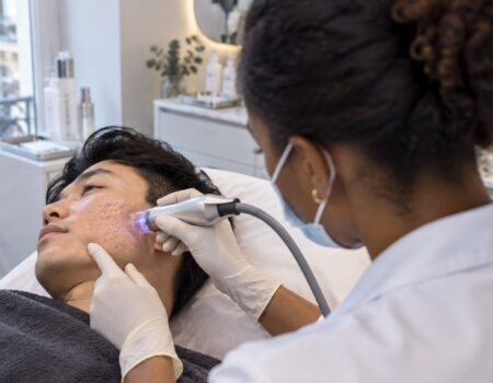 Médecin réalisant un traitement de radiofréquence microneedling sur des cicatrices d’acné à Paris